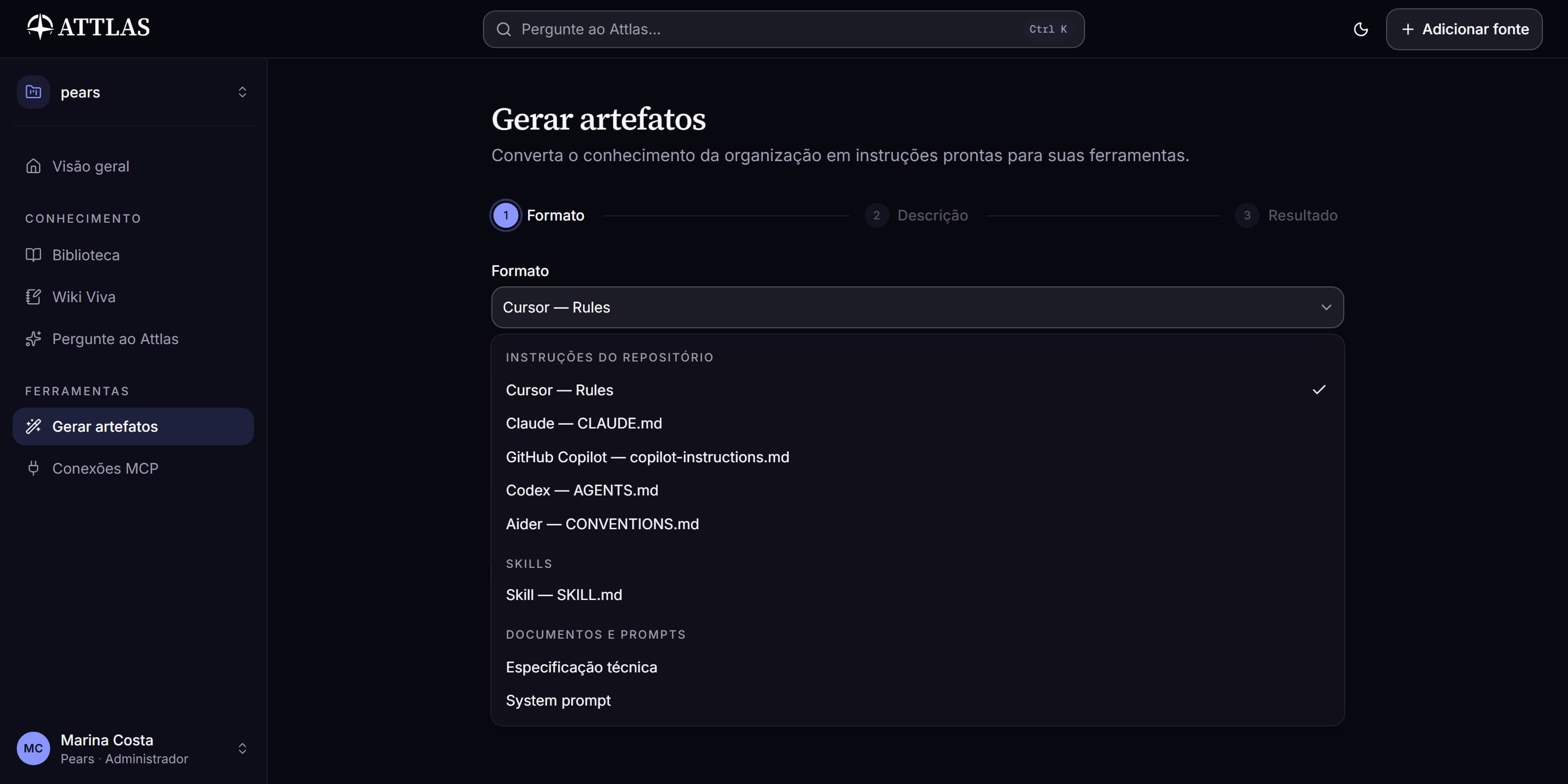 Attlas: assistente Gerar artefatos com a lista de formatos, como Cursor Rules, CLAUDE.md, Copilot, AGENTS.md e Skill