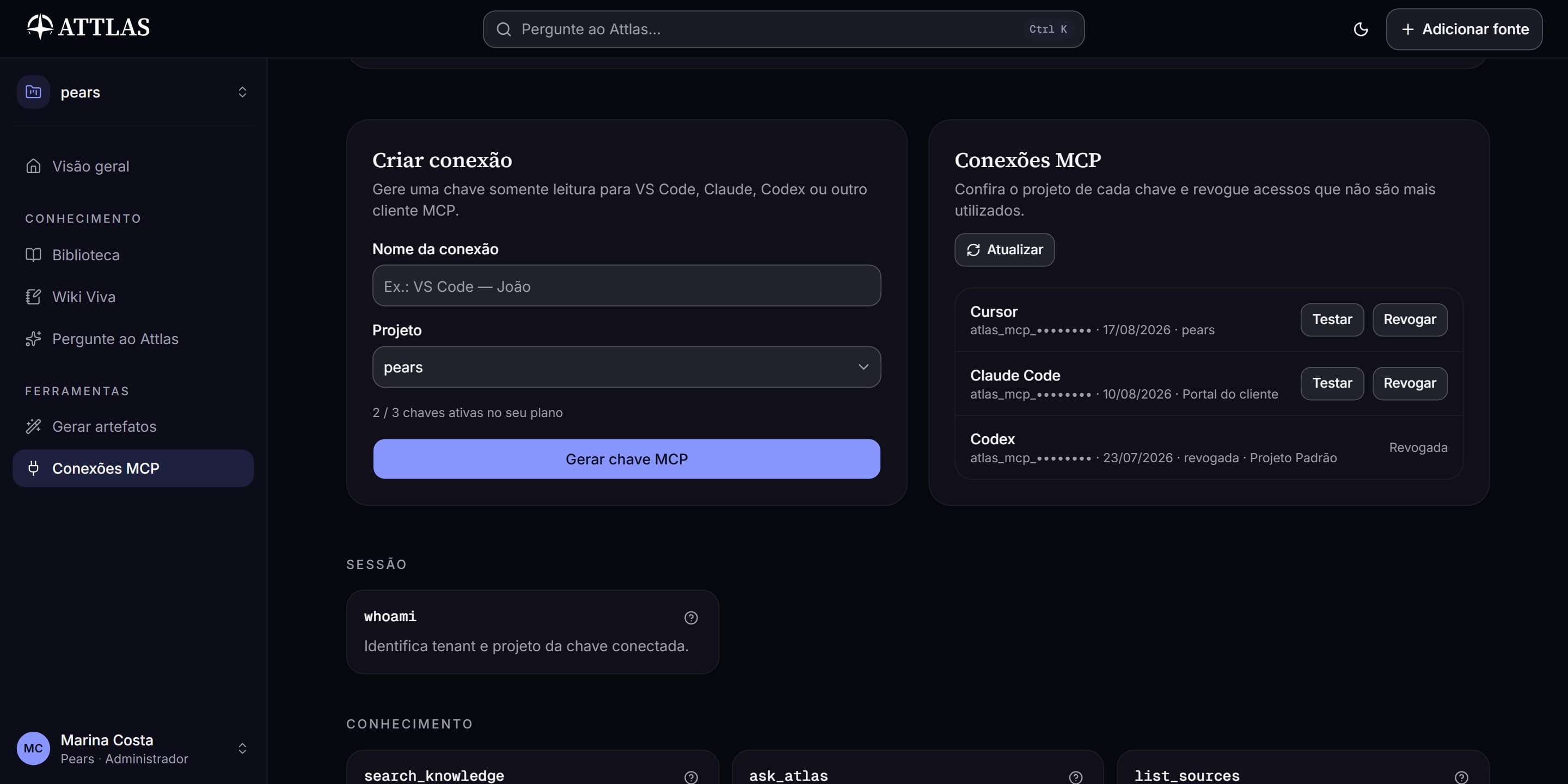 Attlas: tela de Conexões MCP com projetos vinculados, chaves somente leitura e as ferramentas do servidor