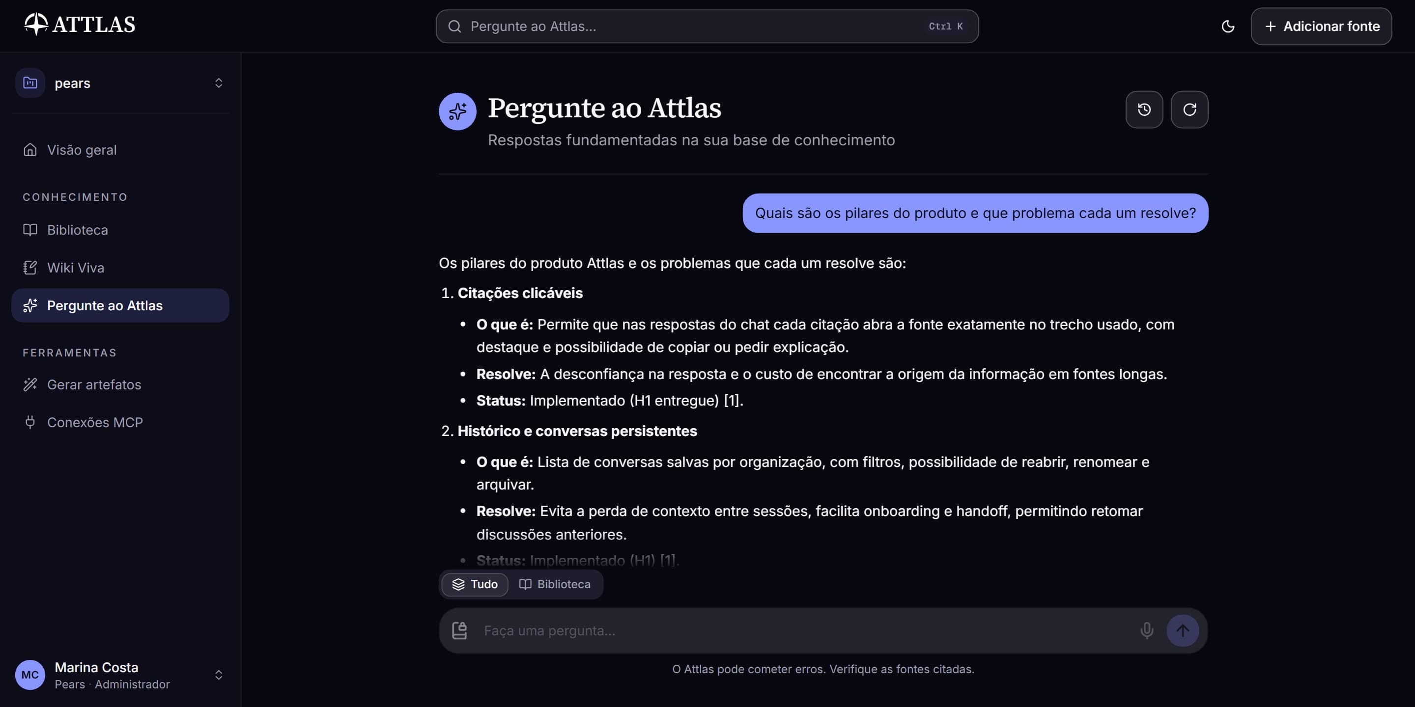 Attlas: chat Pergunte ao Attlas com uma pergunta e uma resposta estruturada com citações