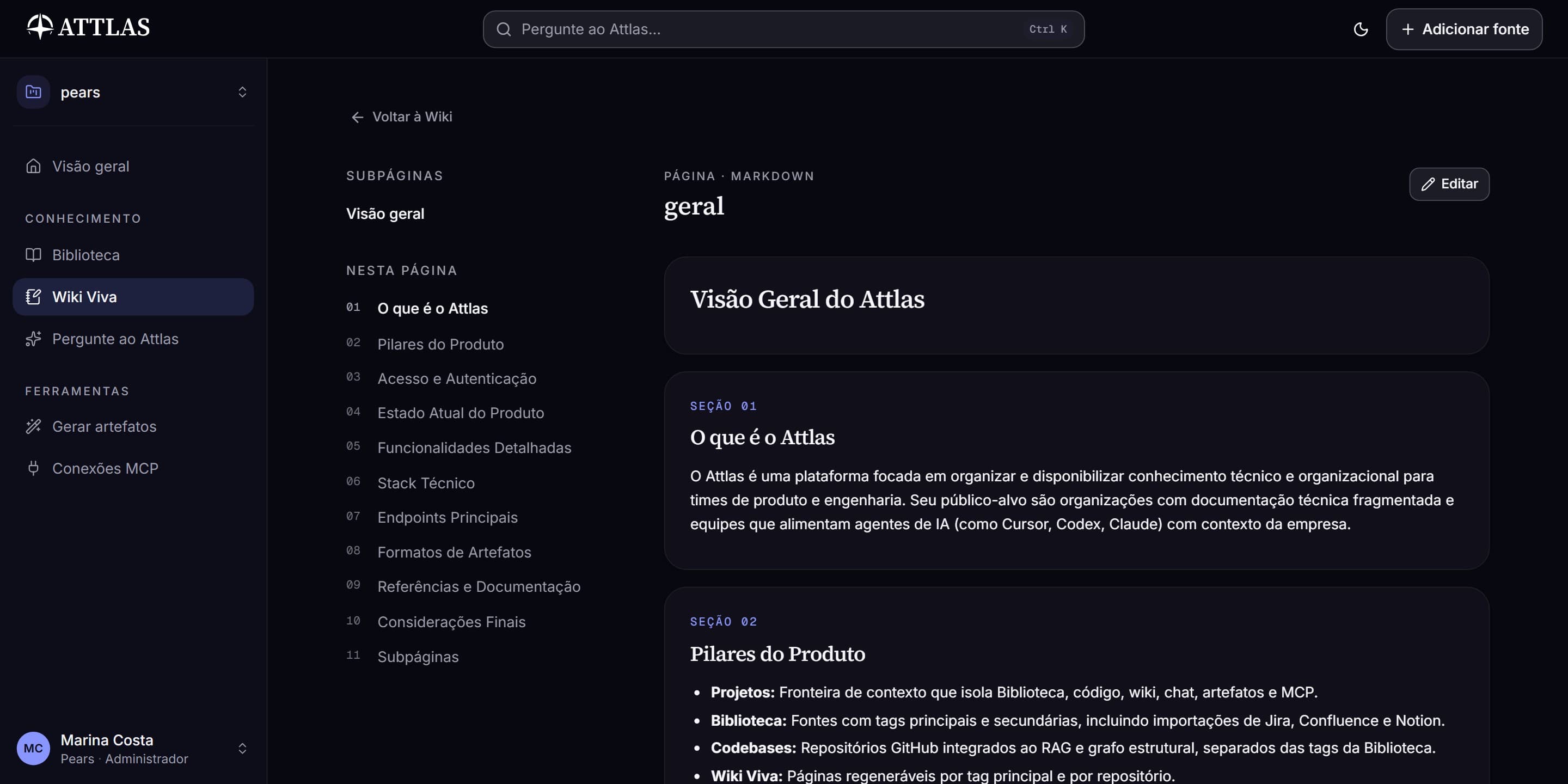 Attlas: página da Wiki Viva com índice lateral e seções numeradas geradas a partir das fontes