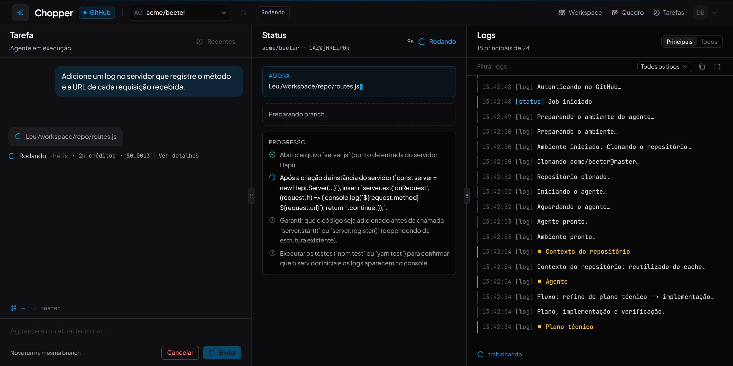 Chopper Code: agente em execução com o progresso do plano e os logs em tempo real