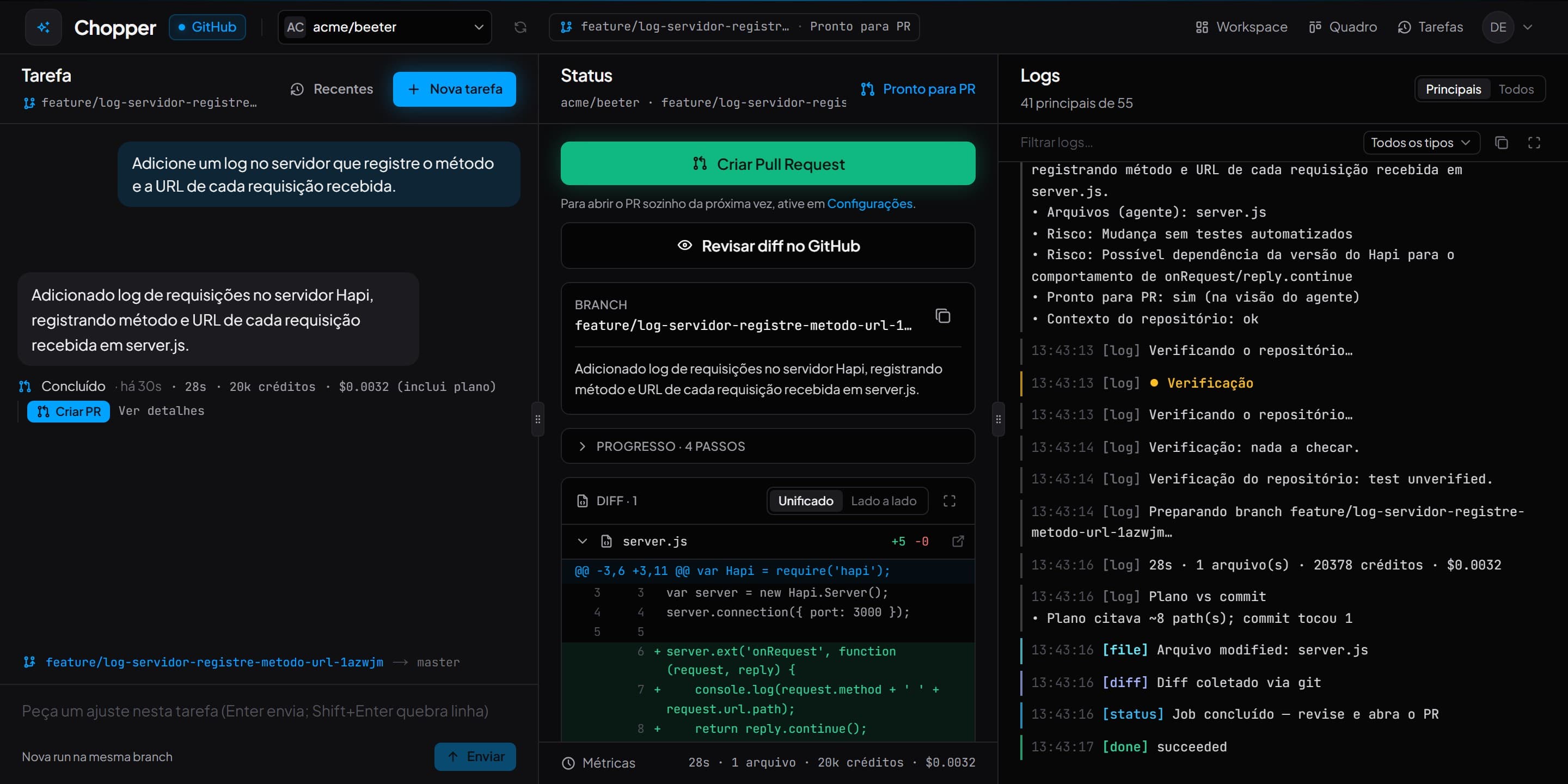 Chopper Code: tarefa concluída com branch, diff do arquivo alterado, métricas e botão Criar Pull Request