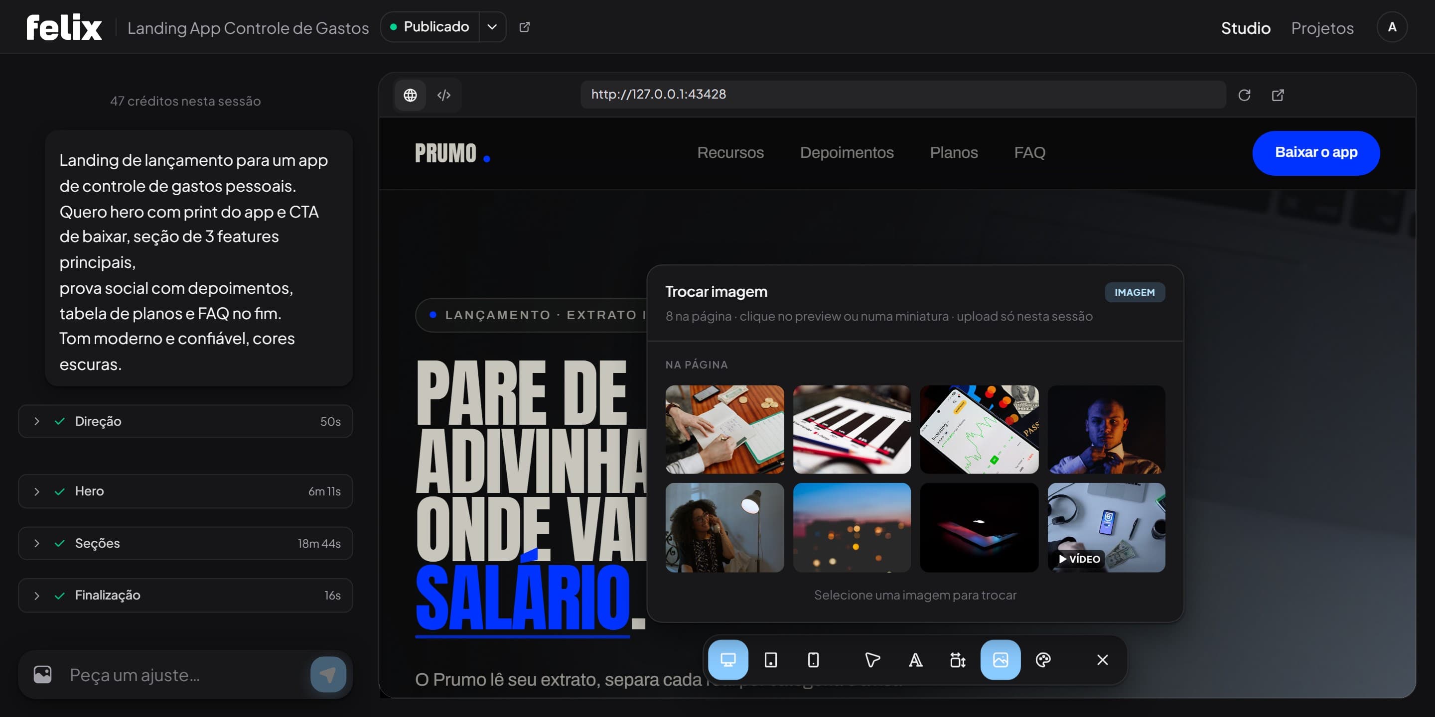 Felix Design: editor com o painel Trocar imagem aberto, mostrando as oito imagens da página em miniatura