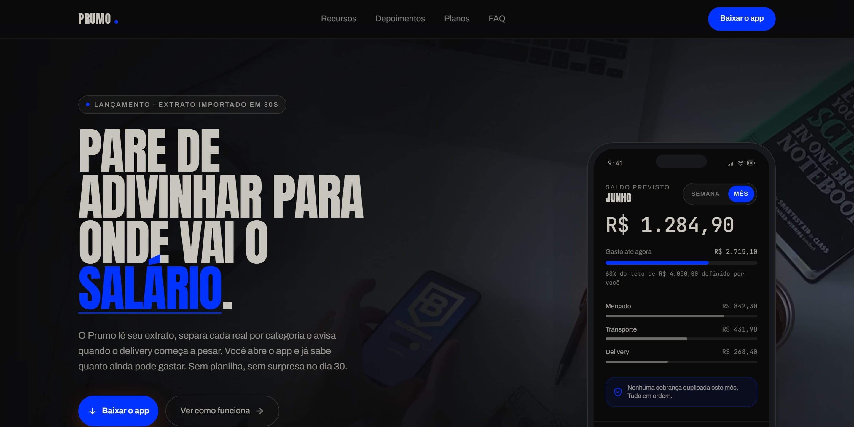 Site gerado pelo Felix Design para um app de controle de gastos: hero escuro com título forte, botões de download e uma tela do app