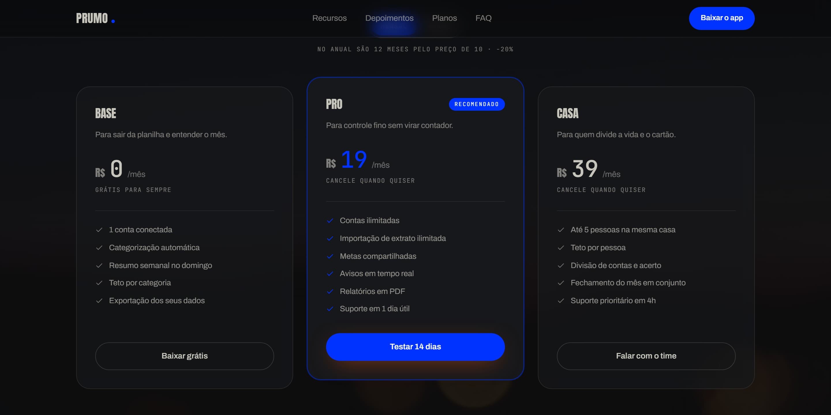 Site gerado pelo Felix Design: tabela de planos com três cartões, destaque para o plano recomendado e alternância mensal ou anual